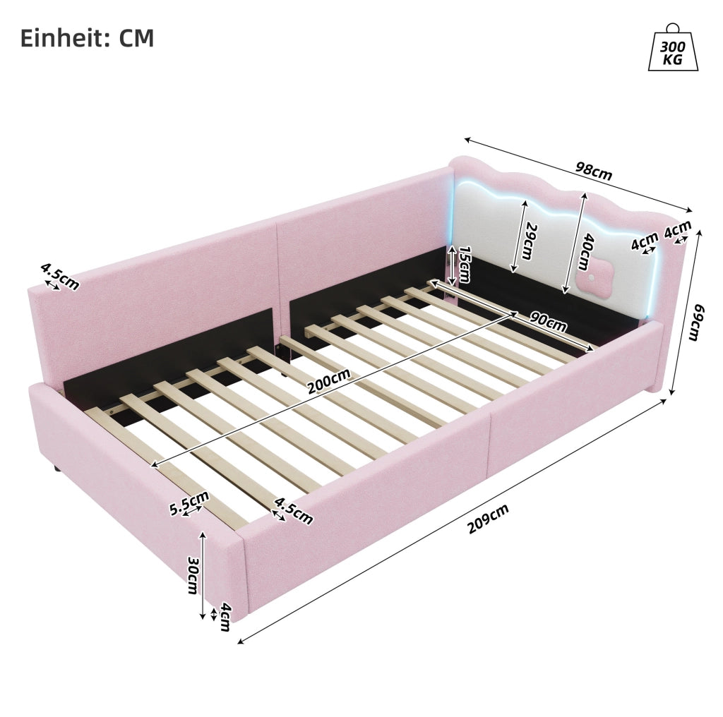 Letto 90x200 cm con illuminazione LED e testiera colour blocking rosa