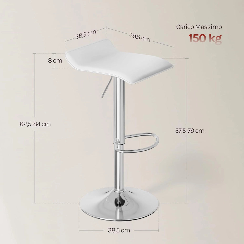 Sgabello da Cucina, Sgabello da Bar Colazione Regolabile in Altezza Girevole a 360°, per Bar, Cucina, Banco, Caffè, PVC+Metallo, con Poggiapiedi, Bianco+Argento
