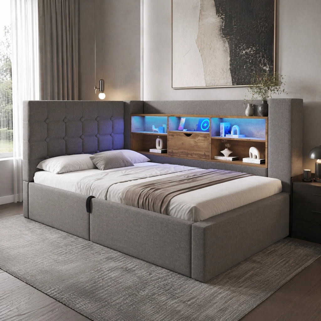 LETTO contenitore 90x200 cm in lino grigio con LED e materasso incluso