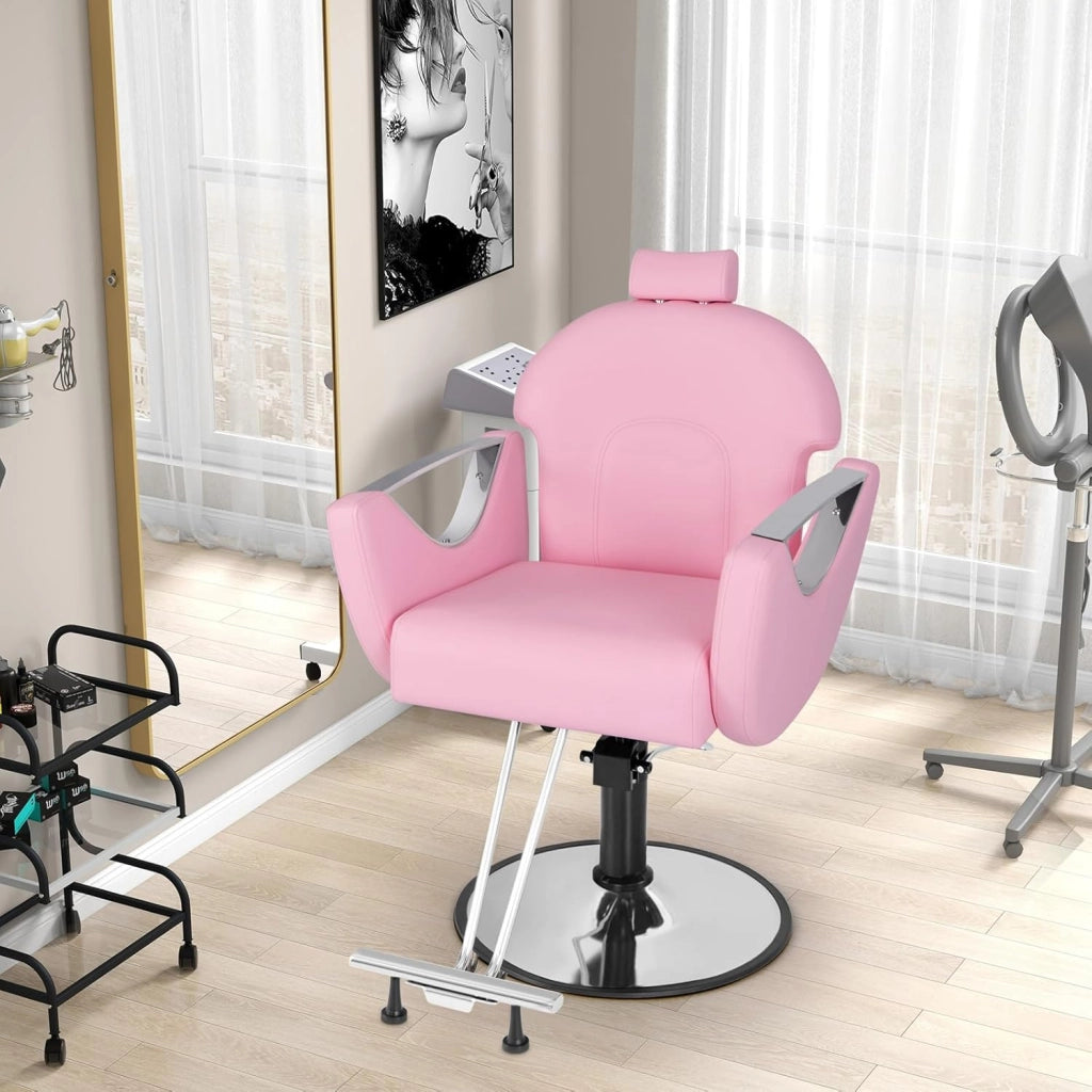 Poltrona da Barbiere Girevole, Sedia da Salone Reclinabile con Altezza Regolabile, Girevole a 360° con Pompa Idraulica, Poggiatesta, Portata 150 kg (Rosa)