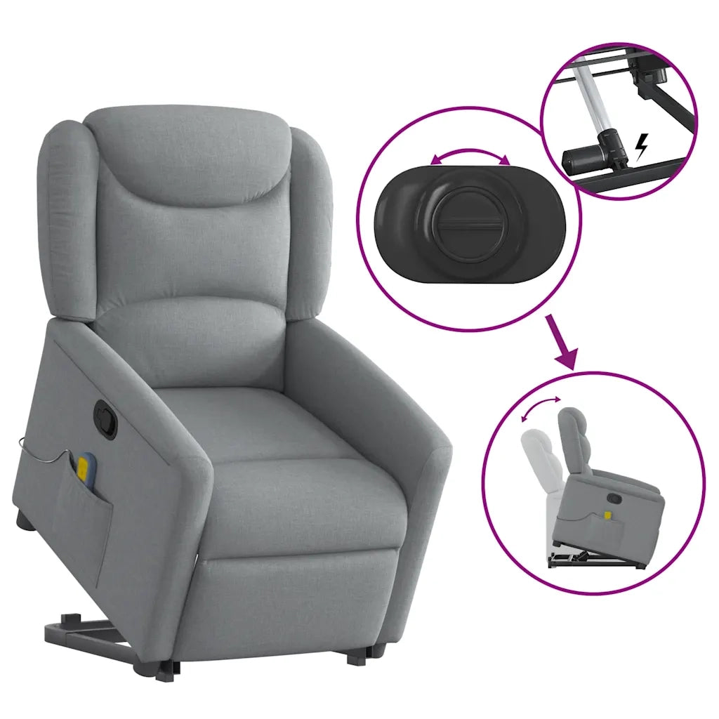 vidaXL Poltrona Alzapersona Massaggi Reclinabile Grigio Chiaro Tessuto