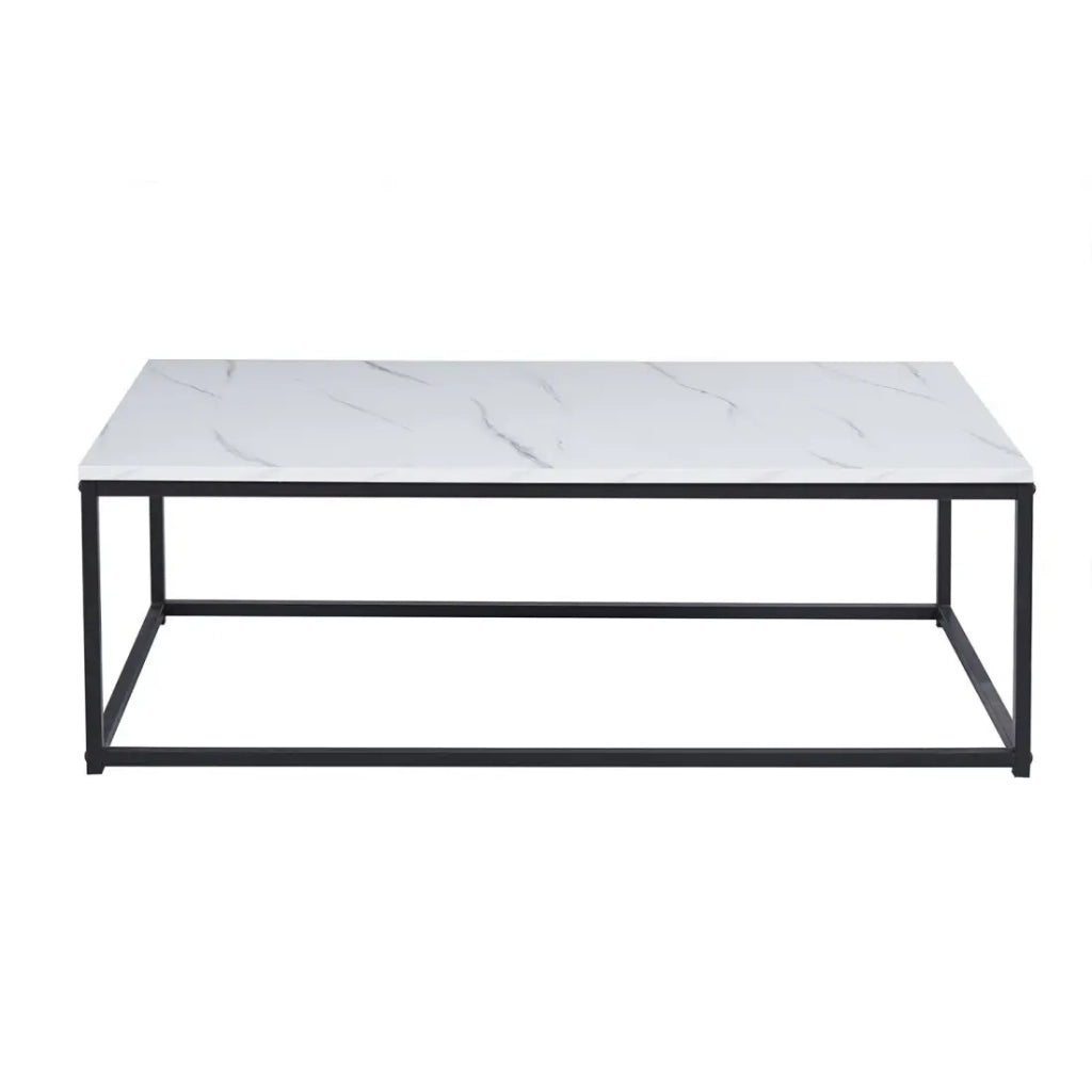 Tavolino basso EWING – Effetto marmo bianco e metallo nero – Design rettangolare
