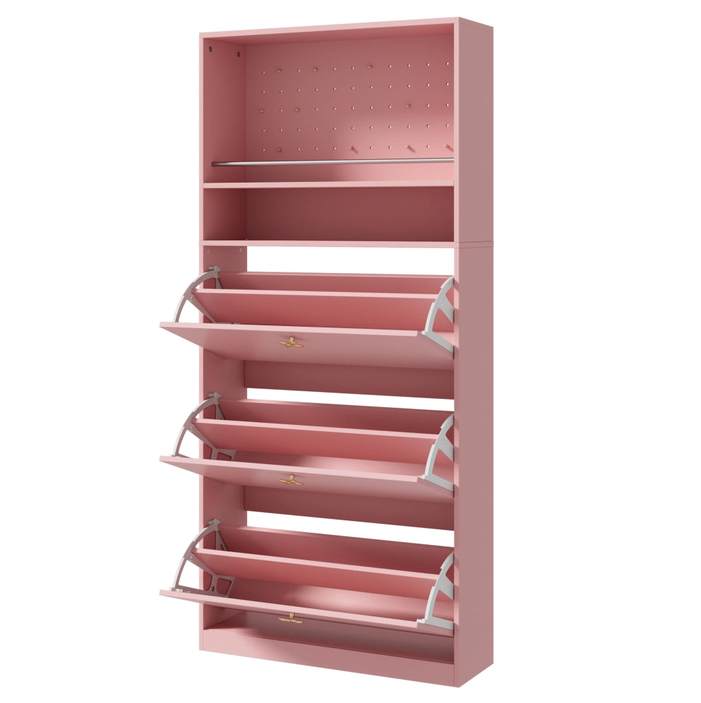 Scarpiera alta salvaspazio rosa con ante a ribalta e pannello forato