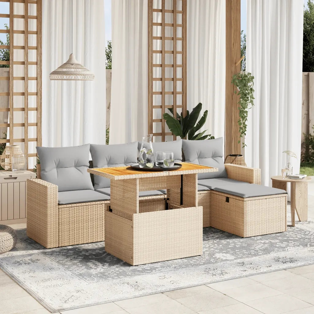 Set Divano da Giardino 6 pz con Cuscini Beige in Polyrattan