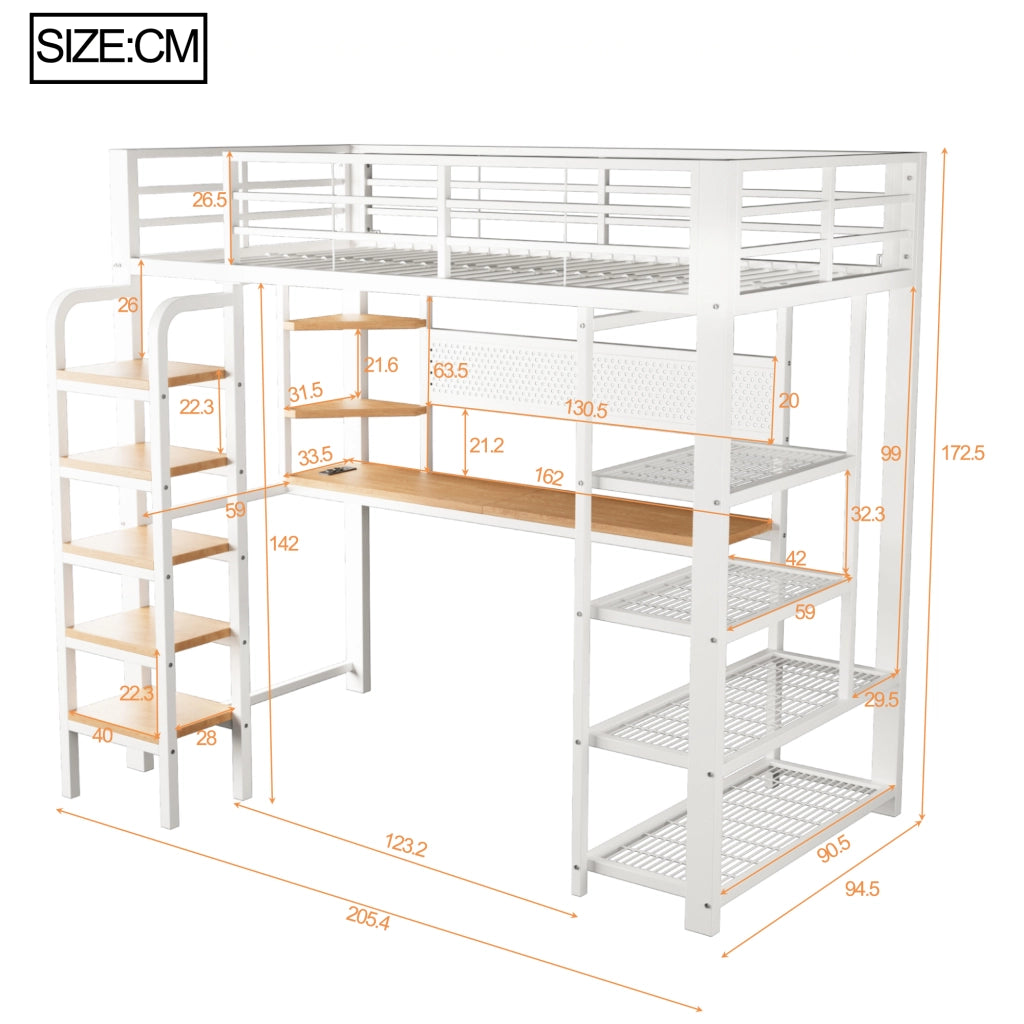 Letto a soppalco singolo 90 × 200 cm con scrivania, LED, prese, ripiani e scala, senza materasso, bianco