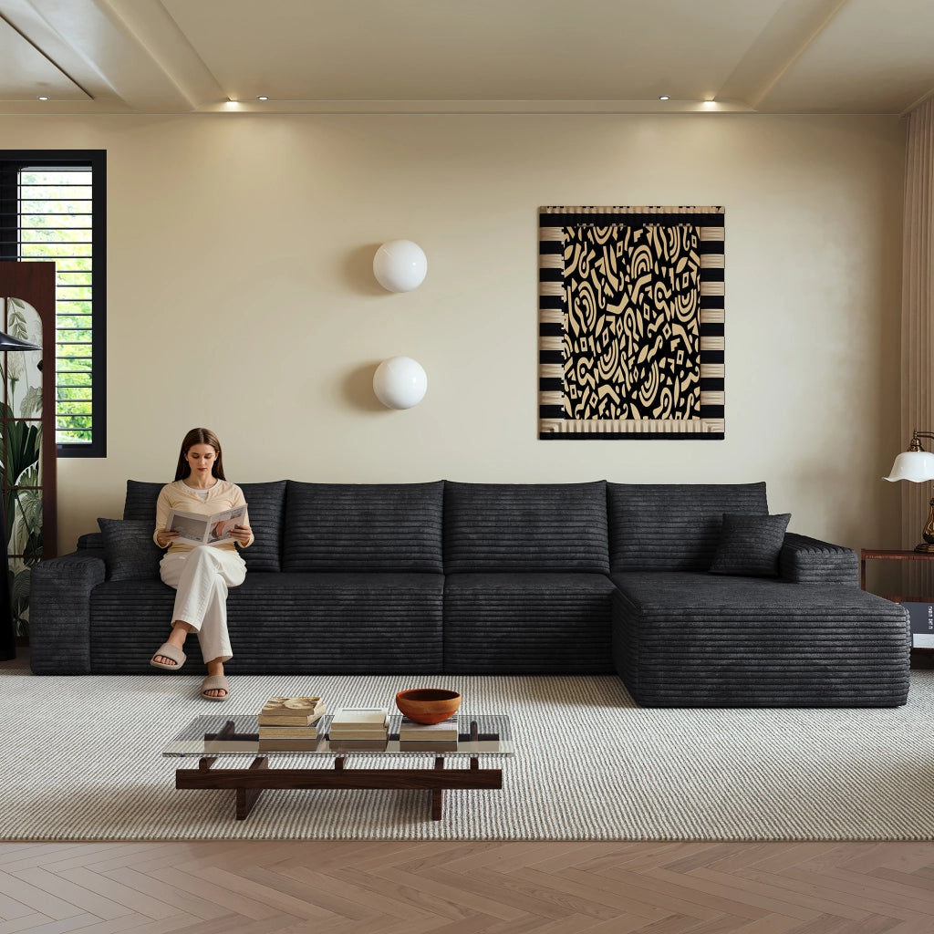 Divano angolare modulare con chaise longue e assise profonda in tessuto a coste nero senza montaggio per soggiorno