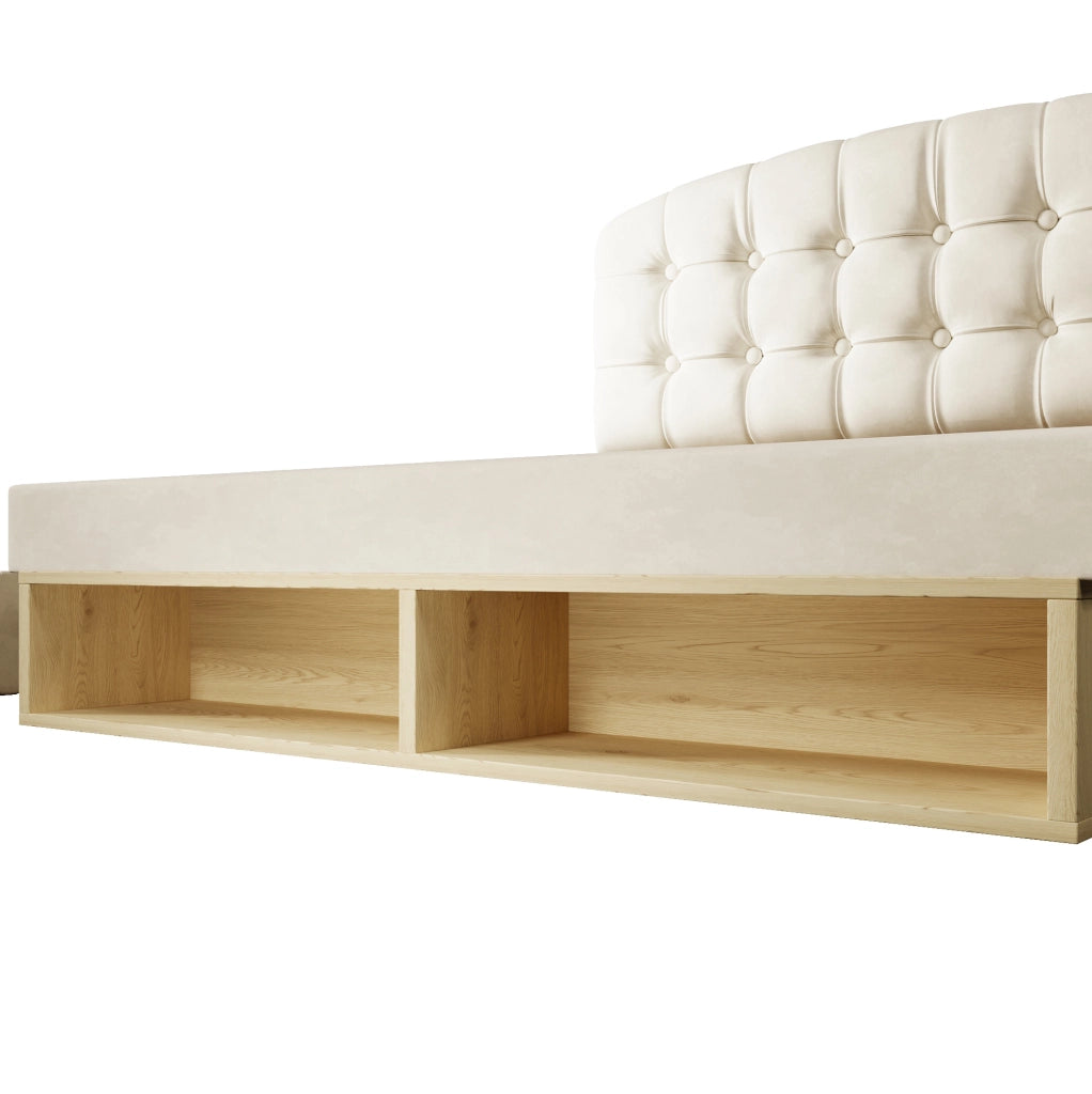 Letto imbottito 140x200 cm con testiera regolabile; cassetti e contenitori; velluto beige