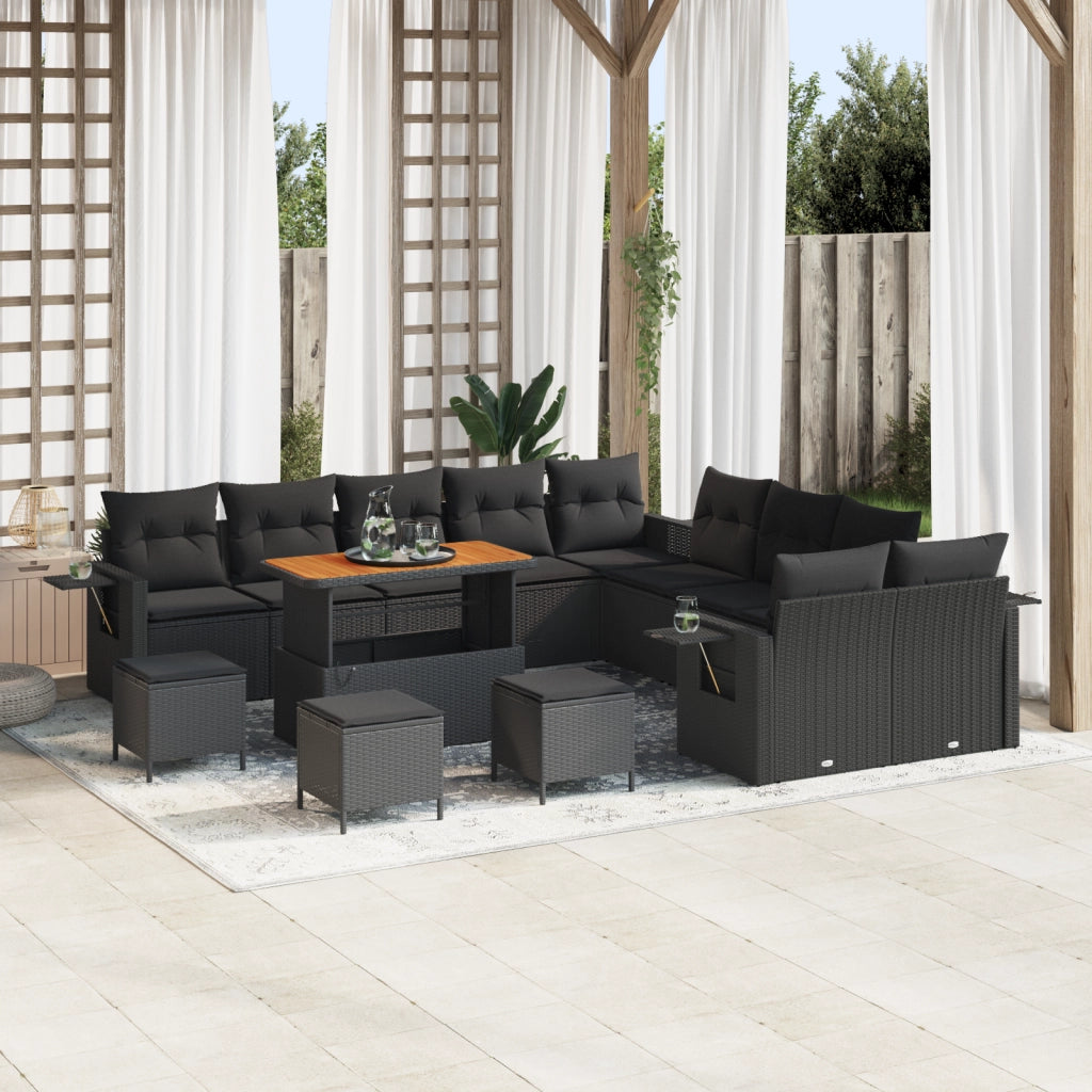 Set Divano Giardino 14 Pezzi con Cuscini Nero Polyrattan Acacia