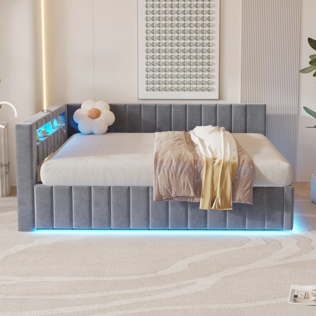 Letto imbottito 140x200 con contenitore idraulico; LED; USB e rete a doghe; grigio