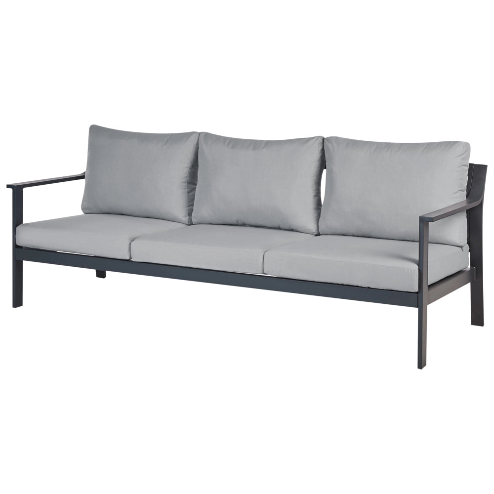 Divano da giardino 3 posti in alluminio con spessi cuscini idrorepellenti in grigio scuro stile moderno scandinavo