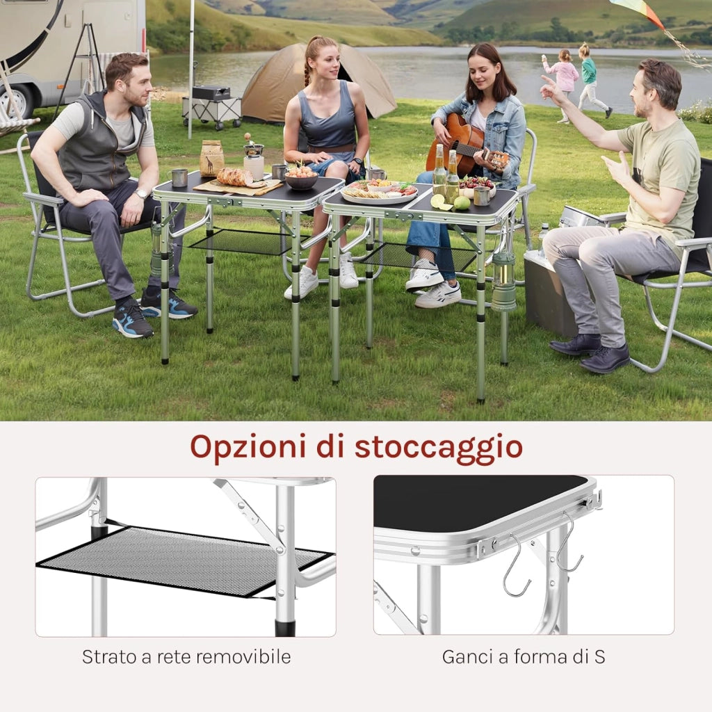 Tavolino Pieghevole Regolabile in Altezza 25/36/50/60 cm, Tavolo da Esterno con Ripiano in Rete Metallica, Piano in MDF 60x40 cm, Telaio in Metallo, per Campeggio, Barbecue, Giardino,Nero