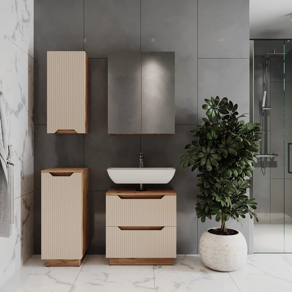 Set di mobili da bagno Lotta, Rovere/cashmere con struttura in piastrelle, 4 parti