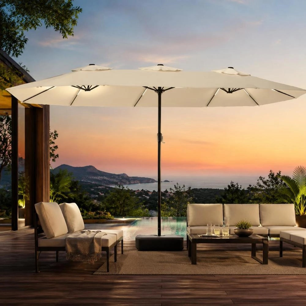 Double Parasol With LED Lights, Sand White, 449x265 Cm