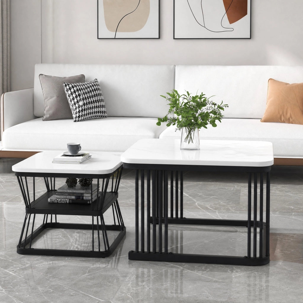 TAVOLINI Set da 2 pezzi 65x65x45 cm e 45x45x39,5 cm MDF bianco, acciaio nero
