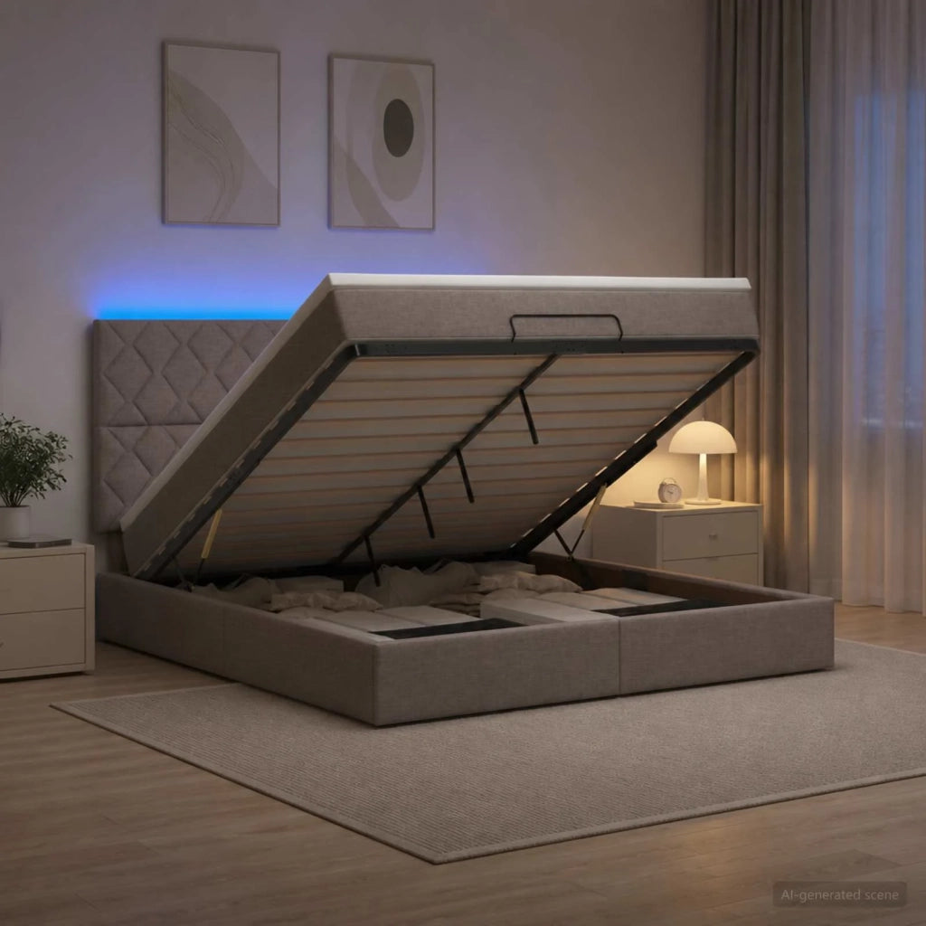 Letto Ottomano con Materasso e LED Tortora 180 x 200 cm Tessuto 3458177