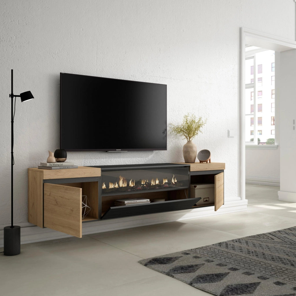 Mobile TV, 200x35x45cm, soggiorno, Per TV fino a 80", Camino elettrico, da appendere, colore Rovere e nero RF2261