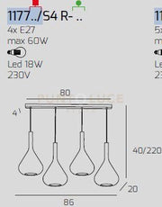 SOSPENSIONE OTTONE SAT. 4 LUCI RETTANGOLARE VETRI 2X TR + 2X FU 1177OS-S4 R-TF