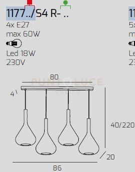 SOSPENSIONE OTTONE SAT. 4 LUCI RETTANGOLARE VETRI 2X TR + 2X FU 1177OS-S4 R-TF