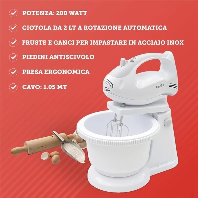 HIGH-TECH SBATTITORE CON CIOTOLA 2 IN 1 200 WATT CAPIENZA 2 LT CON 5 VELOCITÀ