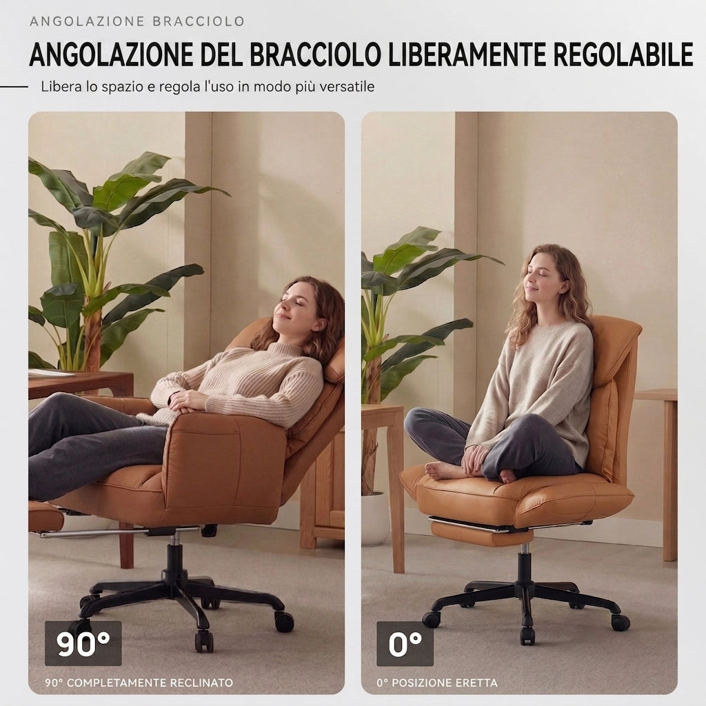 Sedia da ufficio ergonomica - Con corrimano e poggiapiedi - Con braccioli regolabili - Schienale regolabile - Marrone