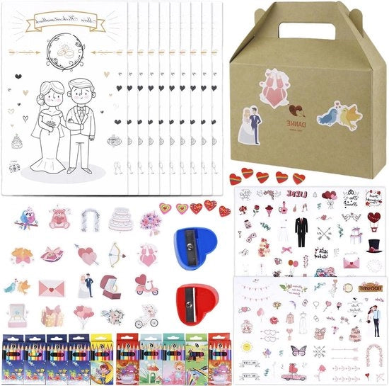 Set di colori per bambini da 10 pezzi per attività di matrimoni - inclusi pennelli coloranti e adesivi.