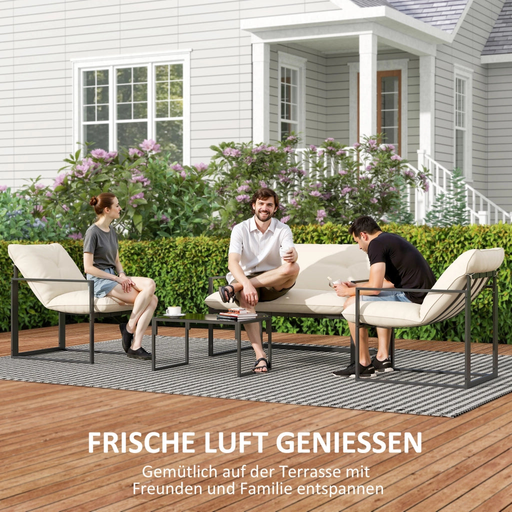 Set di mobili da giardino; 1 tavolo di vetro; 2 poltrone. 1 divano; impermeabile; 114 cm x 70 cm x 67 cm; grigio+beige