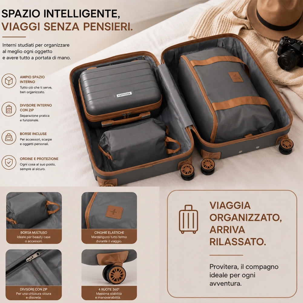 Set 6 Pezzi Valigie Rigide Family in ABS Beauty Case Grigio e Marrone 55/66/75cm