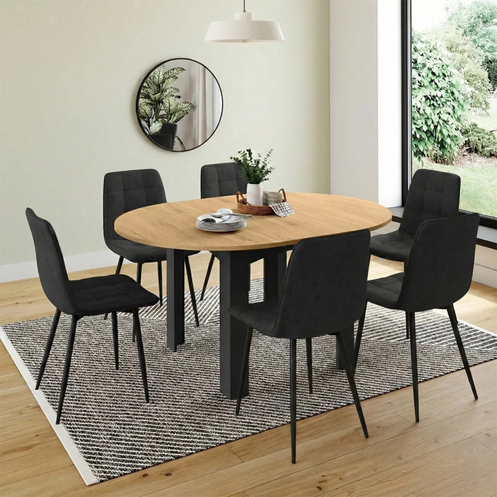 IDMarket - Tavolo da pranzo rotondo allungabile DONA nero con piano effetto faggio 110 - 150 cm e 6 sedie MILA in velluto nero