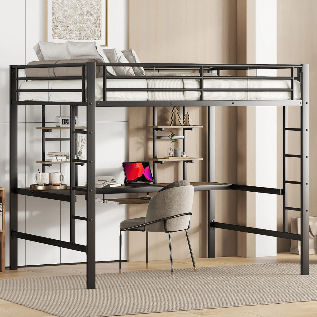LETTO a soppalco 140x200 cm in metallo nero con scrivania e 2 scaffali