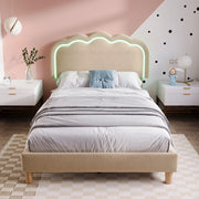 OKWISH Letto Singolo 90×190 cm con LED, Testiera Regolabile e Modalità Musica, senza Materasso, in Lino - Beige
