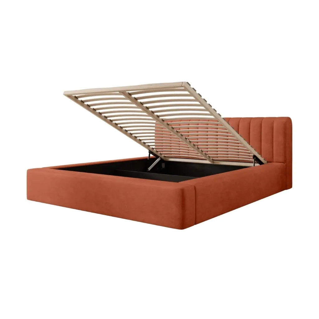 Letto contenitore CERVIN – Velluto morbido Mattone Toscano – 180x200 cm – Rete sollevabile – Design elegante