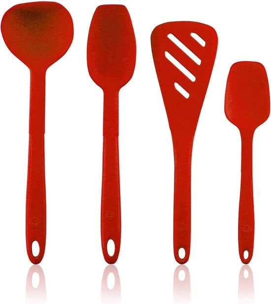 Inserviente per cucina - Set di 4 pezzi (Design Turner S & Cucchiaio per salse S & Ladle S & Cucchiaio flessibile S) | Silicone premium | Resistente al calore | Resistente alla lavastoviglie | Colore: Rosso