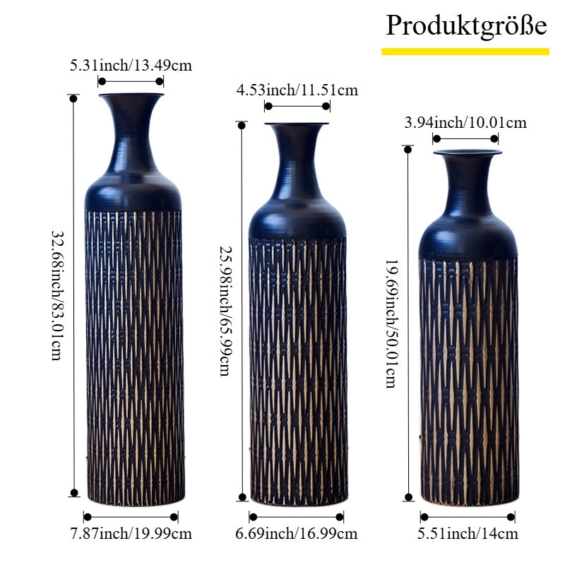 Fioriera a più livelli in metallo nero con motivo a righe verticali, set da 3 per fiori secchi e decoro