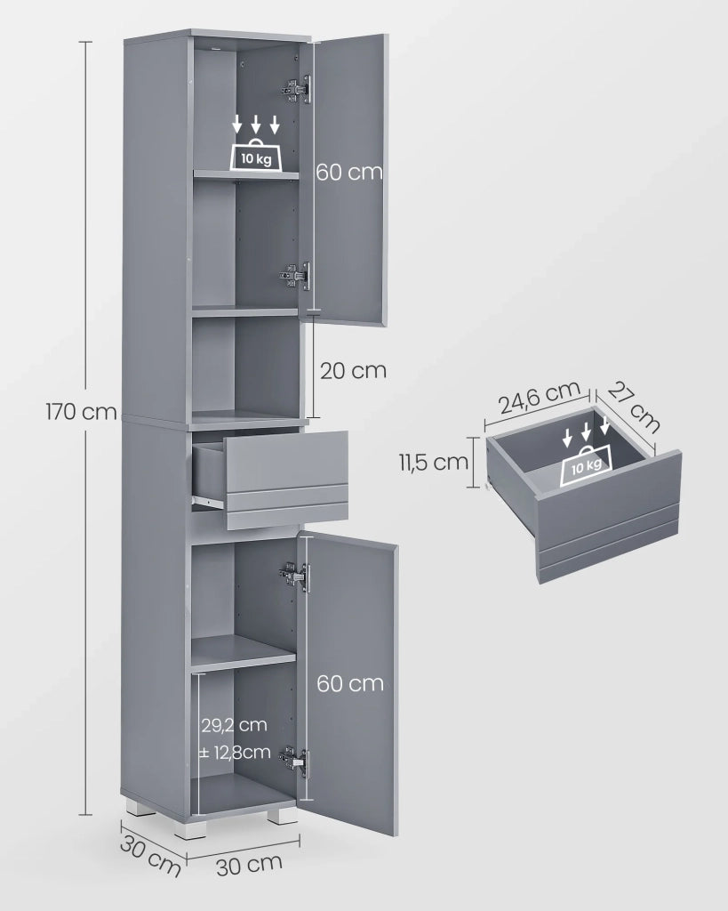 Mobiletto da bagno mobile contenitore colonna con cassetto ripiani regolabili scomparti 30 x 30 x 170 cm grigio 12_0004019