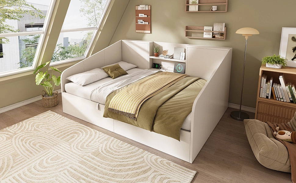 DESMIU Divano letto 140 × 190 cm 2 posti con 2 ripiani, USB, Type-C, senza materasso, in legno, bianco