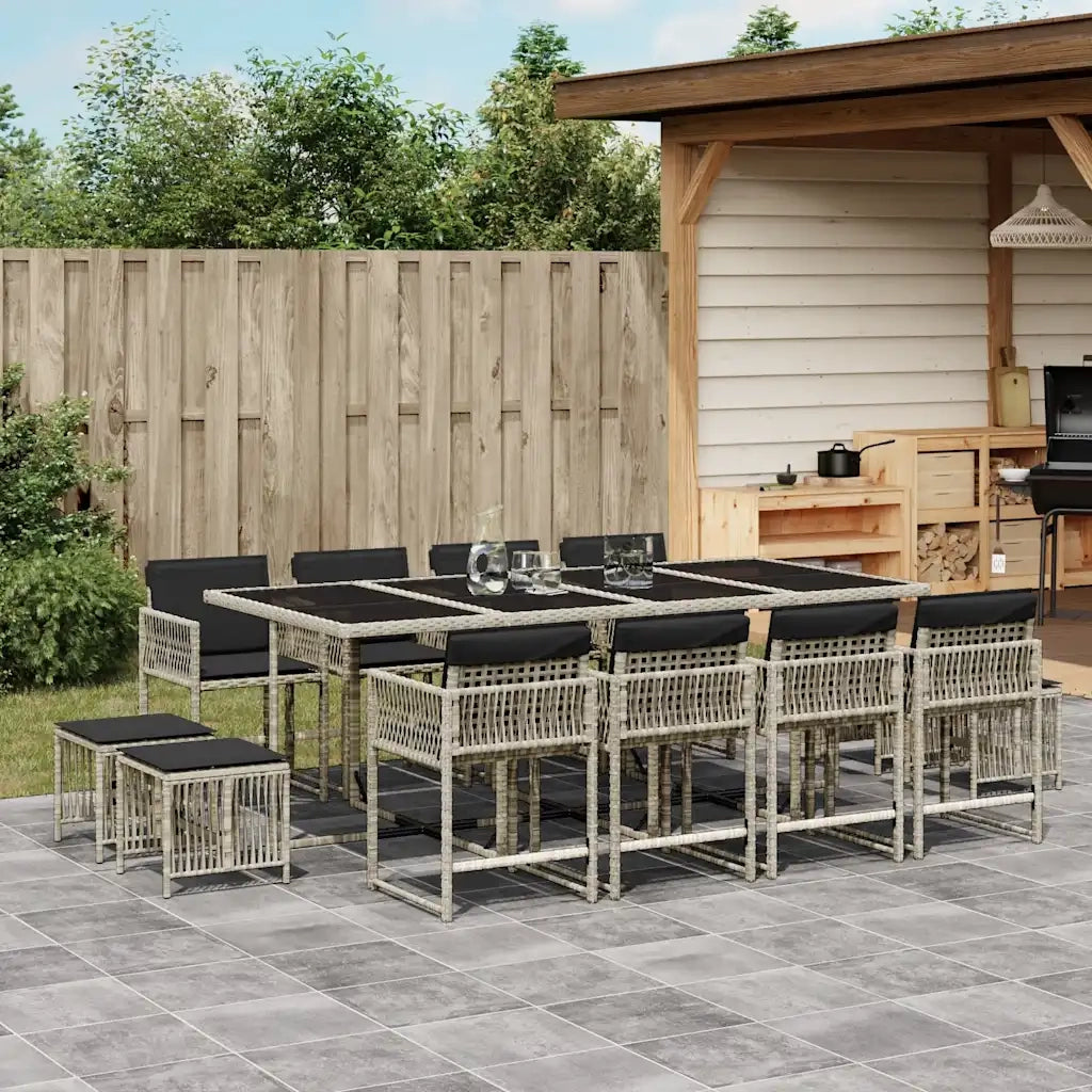 Set da Pranzo da Giardino 13pz con Cuscini Grigio in Polyrattan