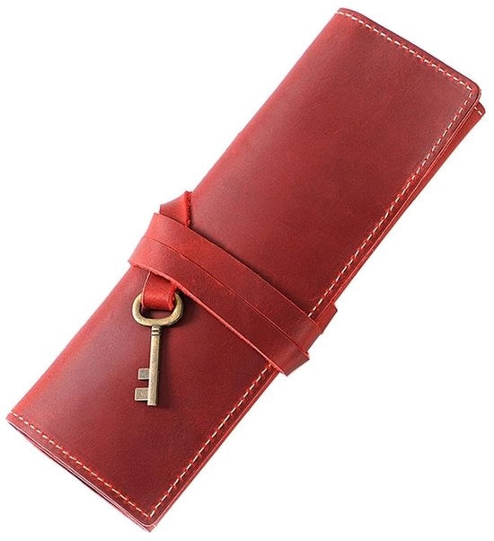 Organizzatore a rulli in pelle - Grande capacità - Manuale - Finitura unica - Stile vintage lussuoso - Per studenti e artisti - Tasca per pennarelli