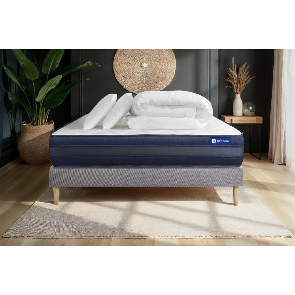Pacchetto letto completo - Materasso 140x200cm + Box spring con doghe (kit) + 2 cuscini + Piumino - Actiflex Tech
