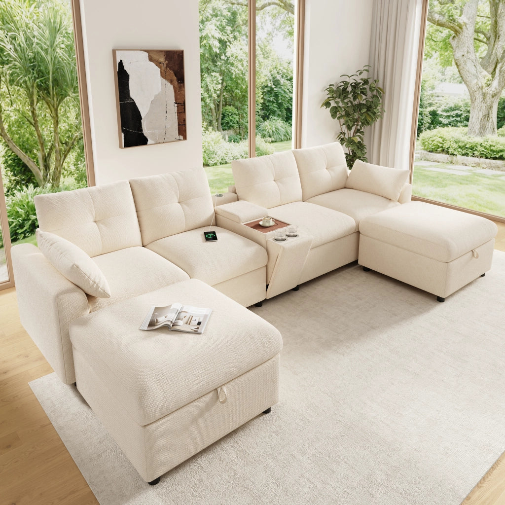 Divano angolare modulare 6 posti con 2 pouf contenitore e consolle centrale con USB e Type-C, in ciniglia beige