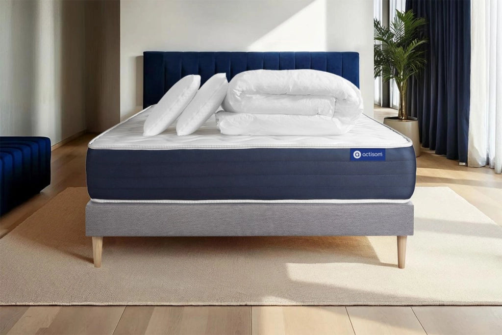 Pacchetto letto completo - Materasso 140x200cm + Box spring con doghe (in kit) + 2 cuscini + Piumino - Actiflex Sleep