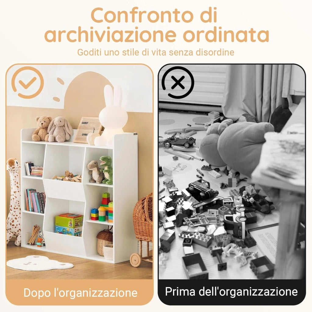 Libreria Montessoriana per Bambini - Scaffale Portagiochi con 8 Scomparti Aperti - Libreria da Terra per Cameretta 106x30x104 cm Bianco KMB55-W