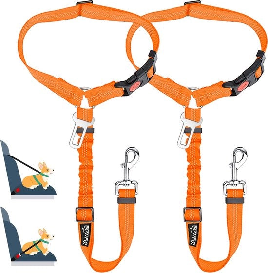 Racchetta per cani per l'auto, 2-in-1 supporto per la testa, cintura di sicurezza per cani con gancio universale, striscia riflettente elastica regolabile per l'appoggio della cintura di sicurezza alla testa.