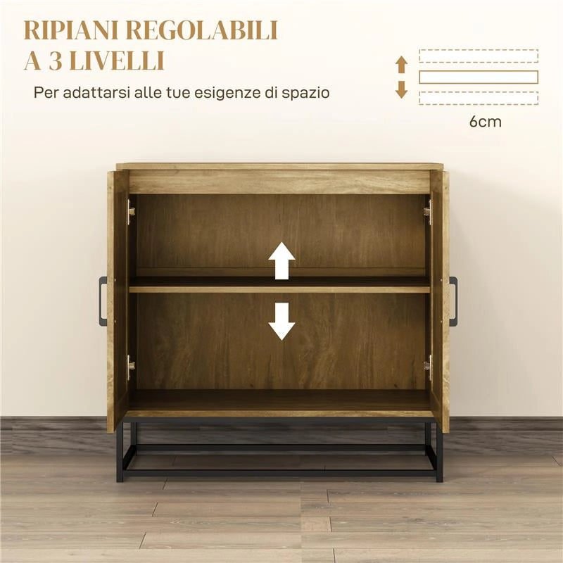 CREDENZA DA SOGGIORNO A 2 LIVELLI CON RIPIANO REGOLABILE IN LEGNO E ACCIAIO 80X40X78 CM MARRONE E NERO