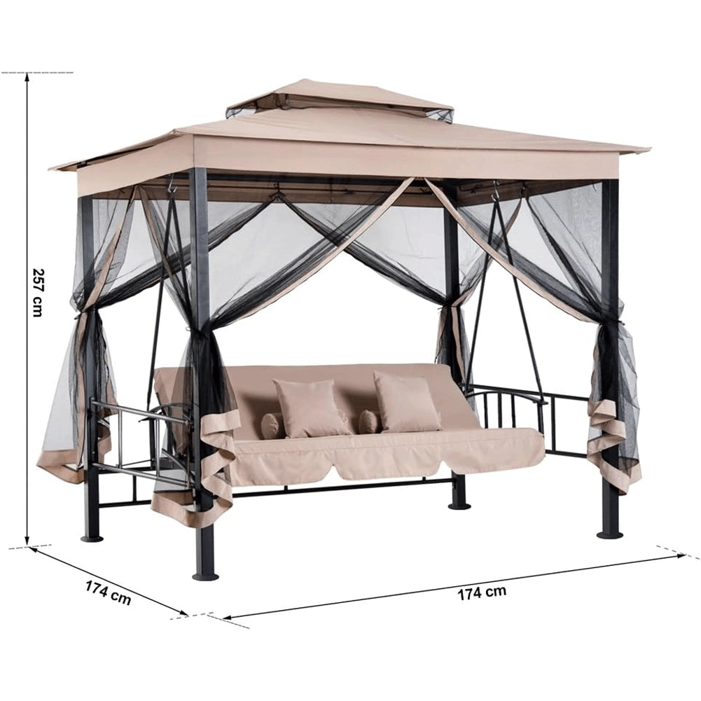 Dondolo Letto 3 Posti Con Gazebo Parasole Zanzariera Giardino Beige 257x174x235