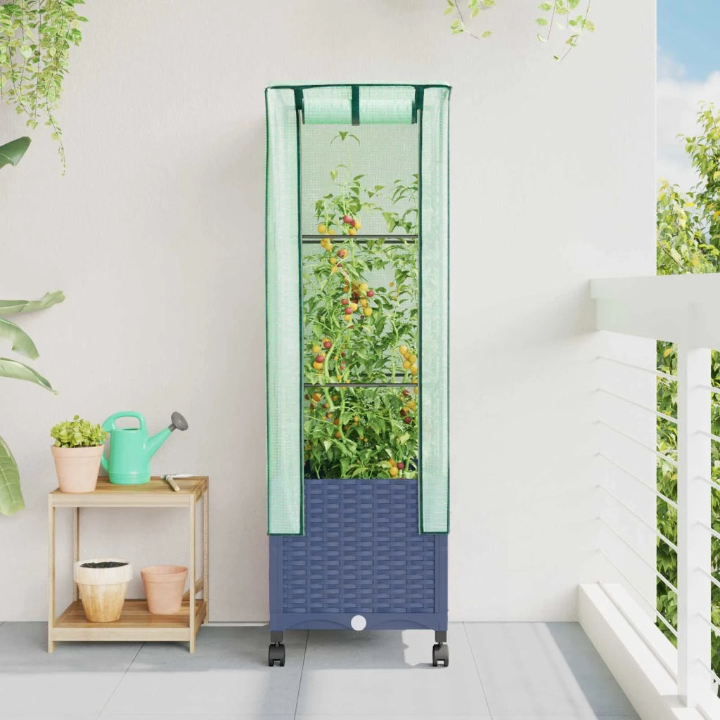 Vaso da Giardino con Copertura per Serra e Ruote Blu Grigio PP 3422931