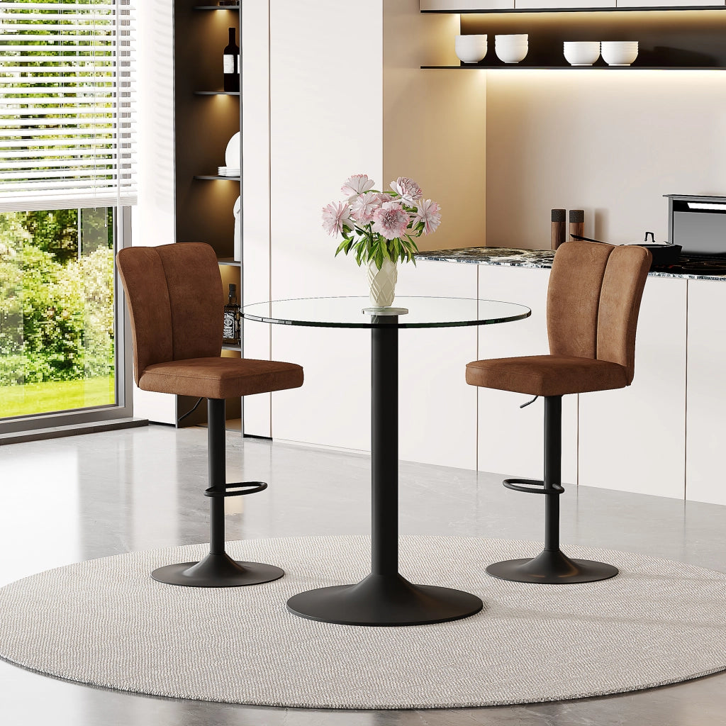 Tavolo da bar rotondo in vetro con 2 sgabelli girevoli e regolabili, per cucina e lounge, marrone e nero, Ø 89 cm