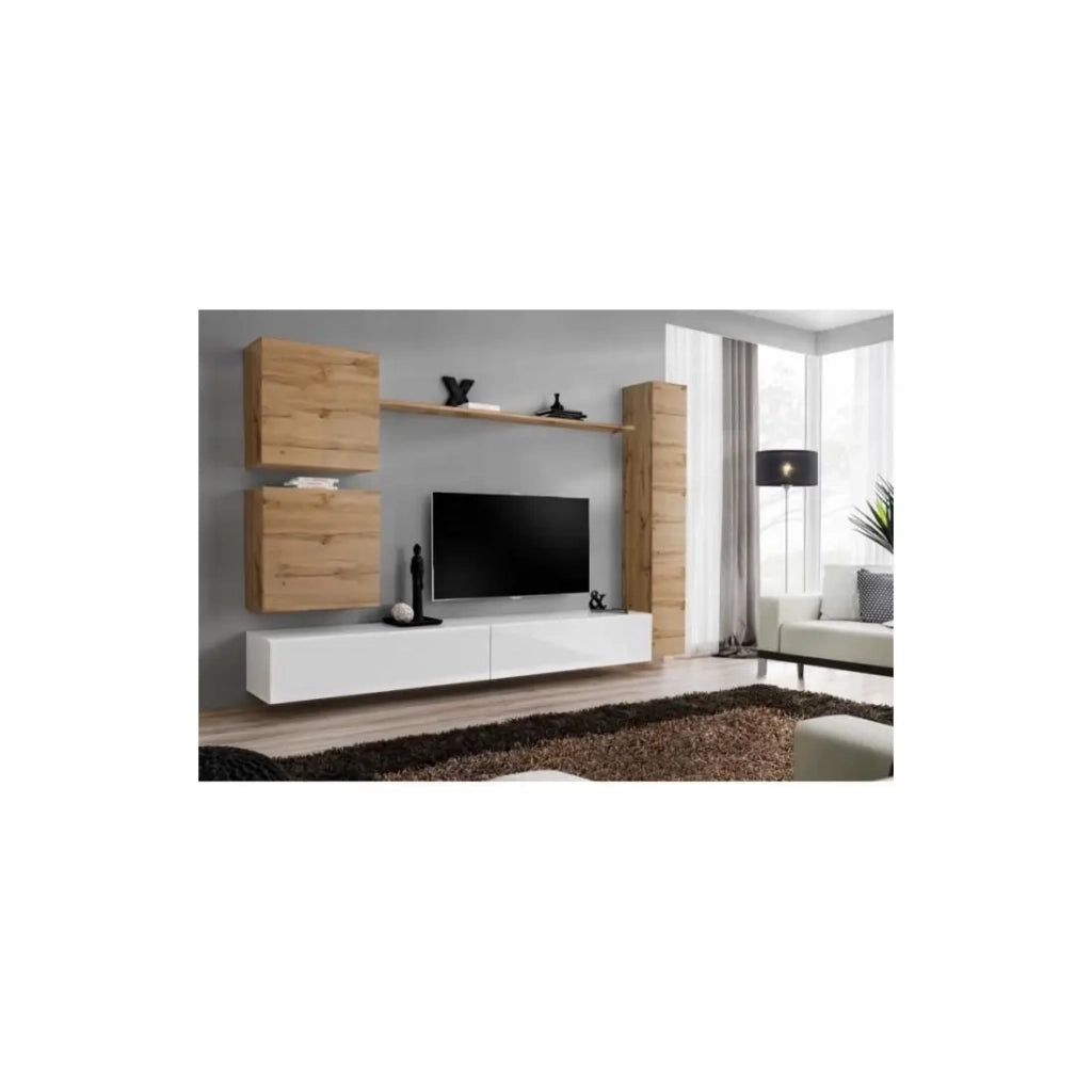 Set di mobili da parete per soggiorno SWITCH VIII. Mobile TV da parete di design, color bianco lucido e rovere Wotan.