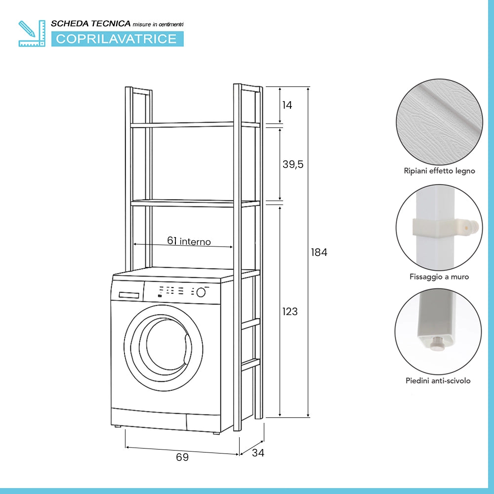 Scaffale sopra lavatrice in plastica bianco con 2 ripiani in kit di montaggio Buzz