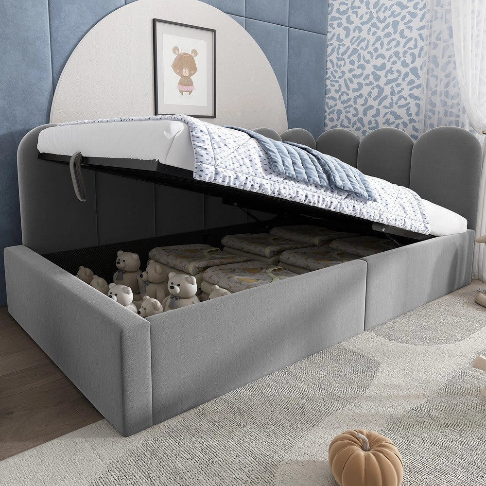 Letto Imbottito Singolo con Contenitore Idraulico ¨C MINIMAL ¨C Velluto Grigio 90x200