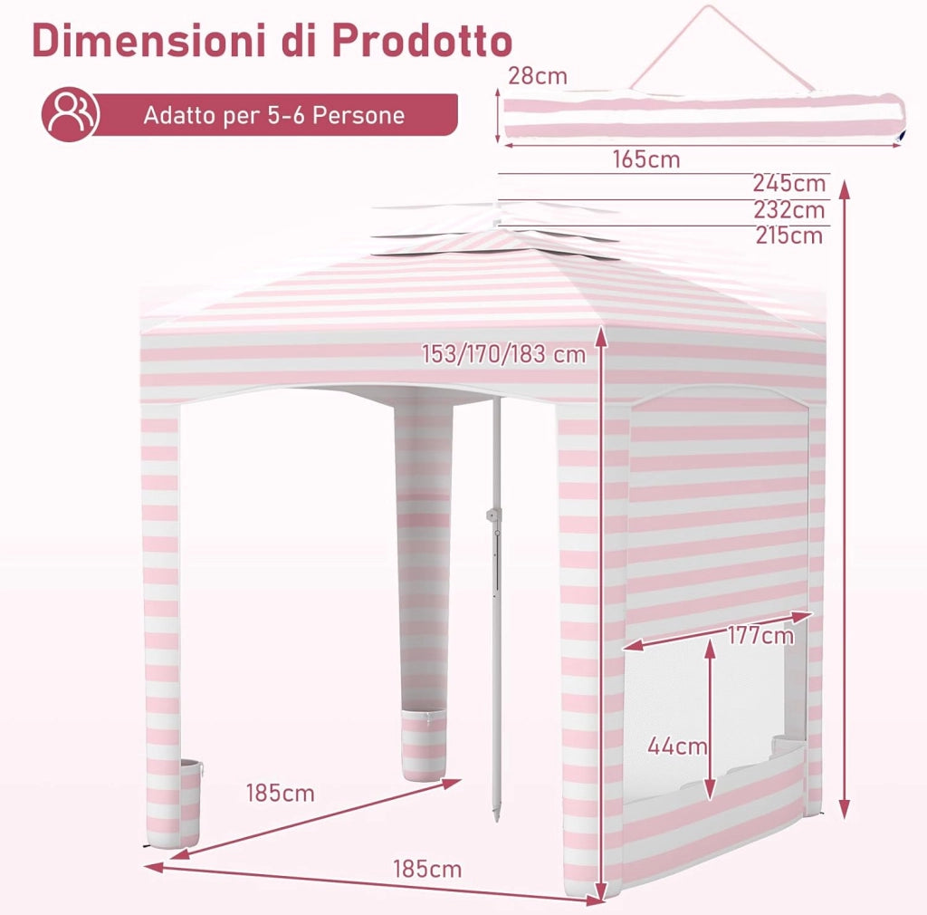 Tenda da Spiaggia Pieghevole, Tenda da Mare con Parete Laterale Rimovibile e Borsa Portatile, Regolabile in Altezza, per Spiaggia, Campeggio e Picnic (Rosa+Bianco, 185 x 185 cm)